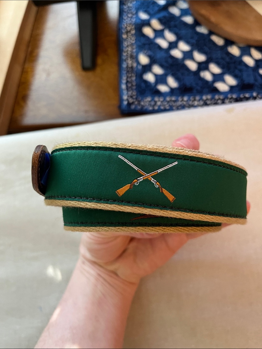 Over and Under Green Dog Ribbon Belt with Crossed Rifles Motif #40/100 Only 100